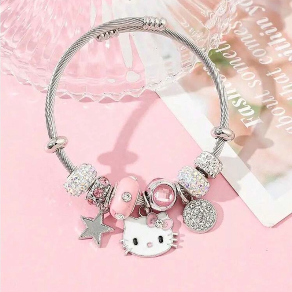 Hello Kitty Silver Charm Bracelet with Pink Accents